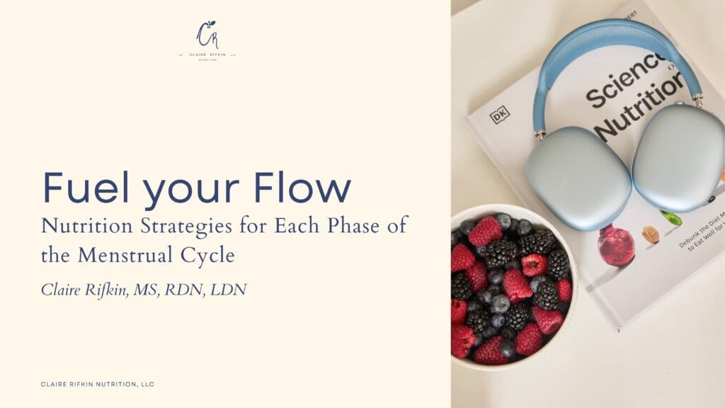 Flat lay of the Fuel Your Flow nutrition guide cover with headphones, a bowl of fresh berries, and a book titled Science of Nutrition.
