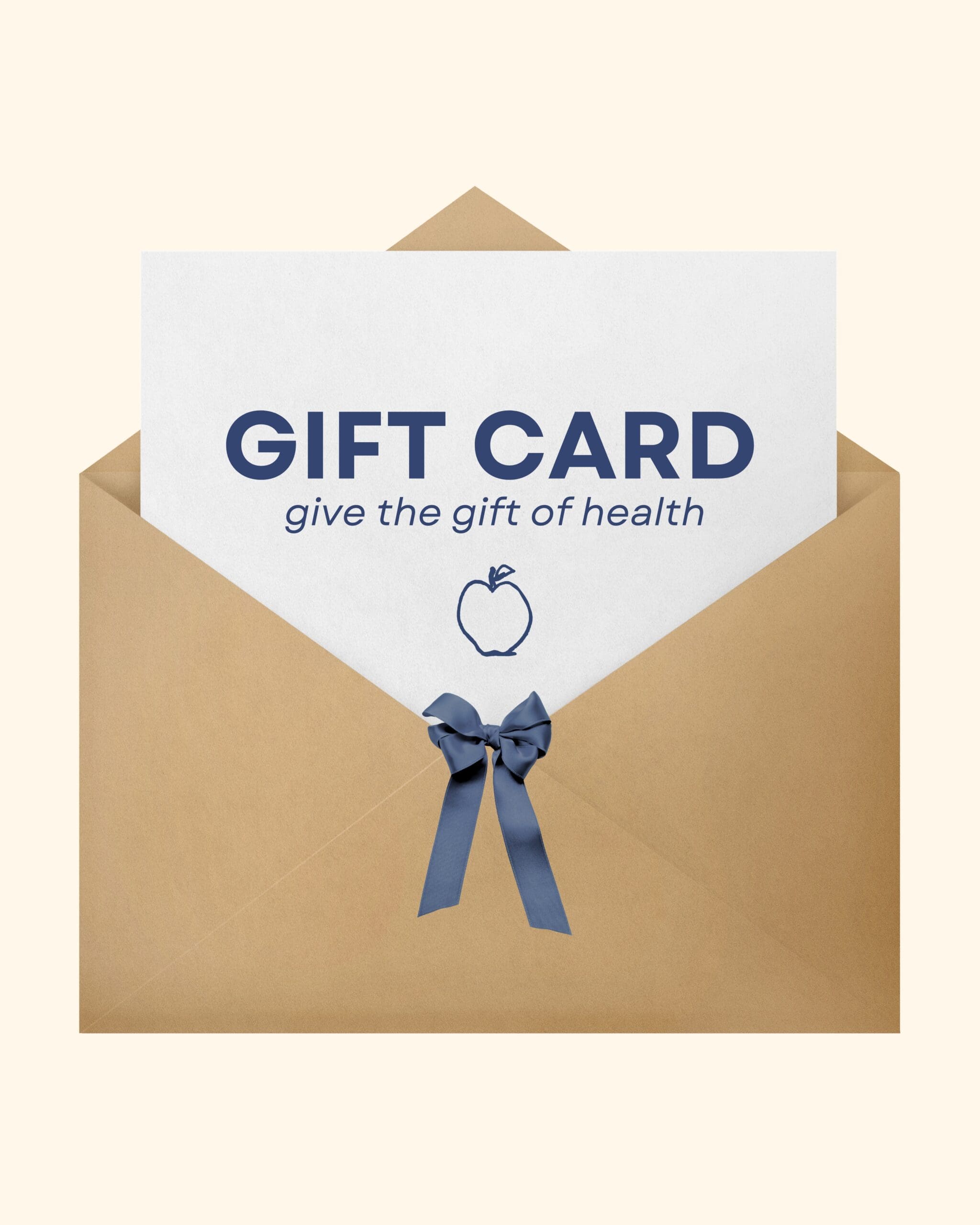 A Claire Rifkin Nutrition gift card inside a tan envelope with a navy blue ribbon. The card reads ‘Gift Card, give the gift of health’ with a simple apple outline. This image is used to promote the Claire Rifkin Nutrition gift card as a meaningful wellness gift for women.