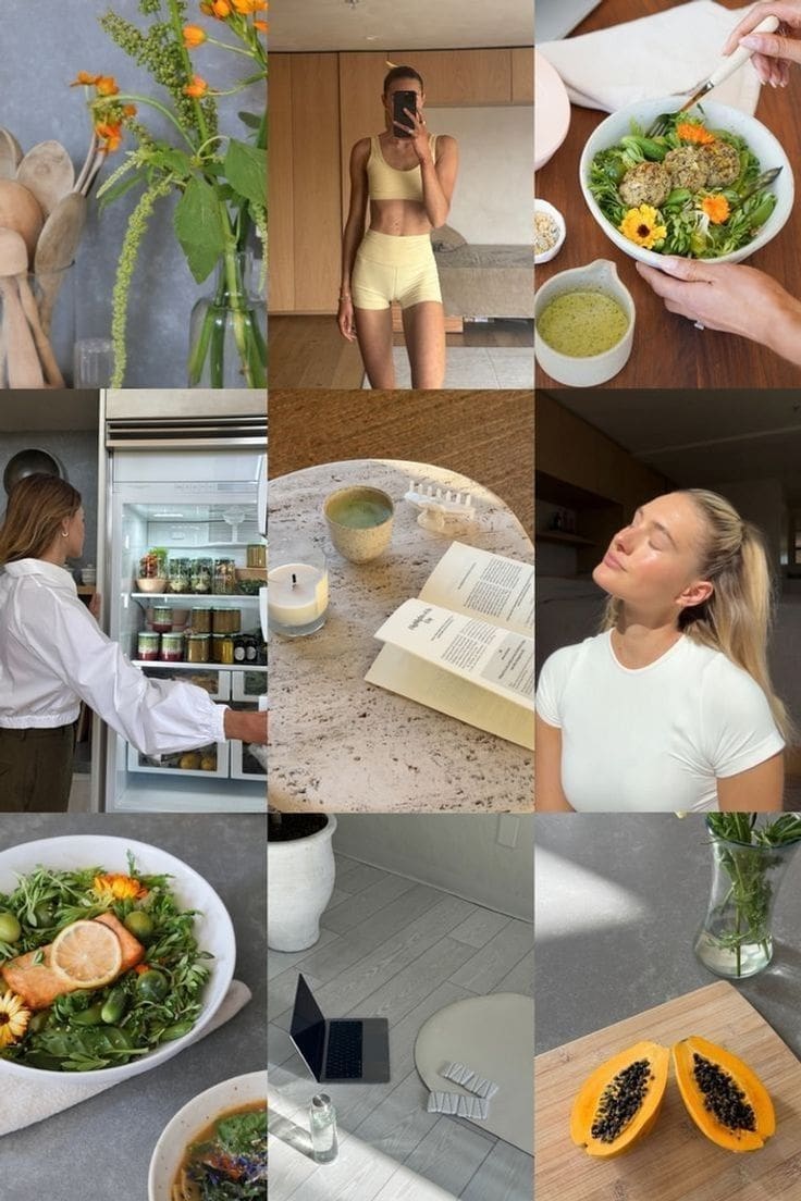 Collage of food, self-care, and daily routines showing why dieting doesn’t work for women in their 20s and 30s