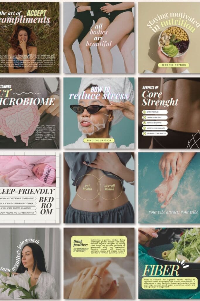 Grid of wellness and nutrition Instagram posts featuring body-neutral imagery, food photography, and educational text, representing social media guidance for dietitians focused on ethical, professional content creation.