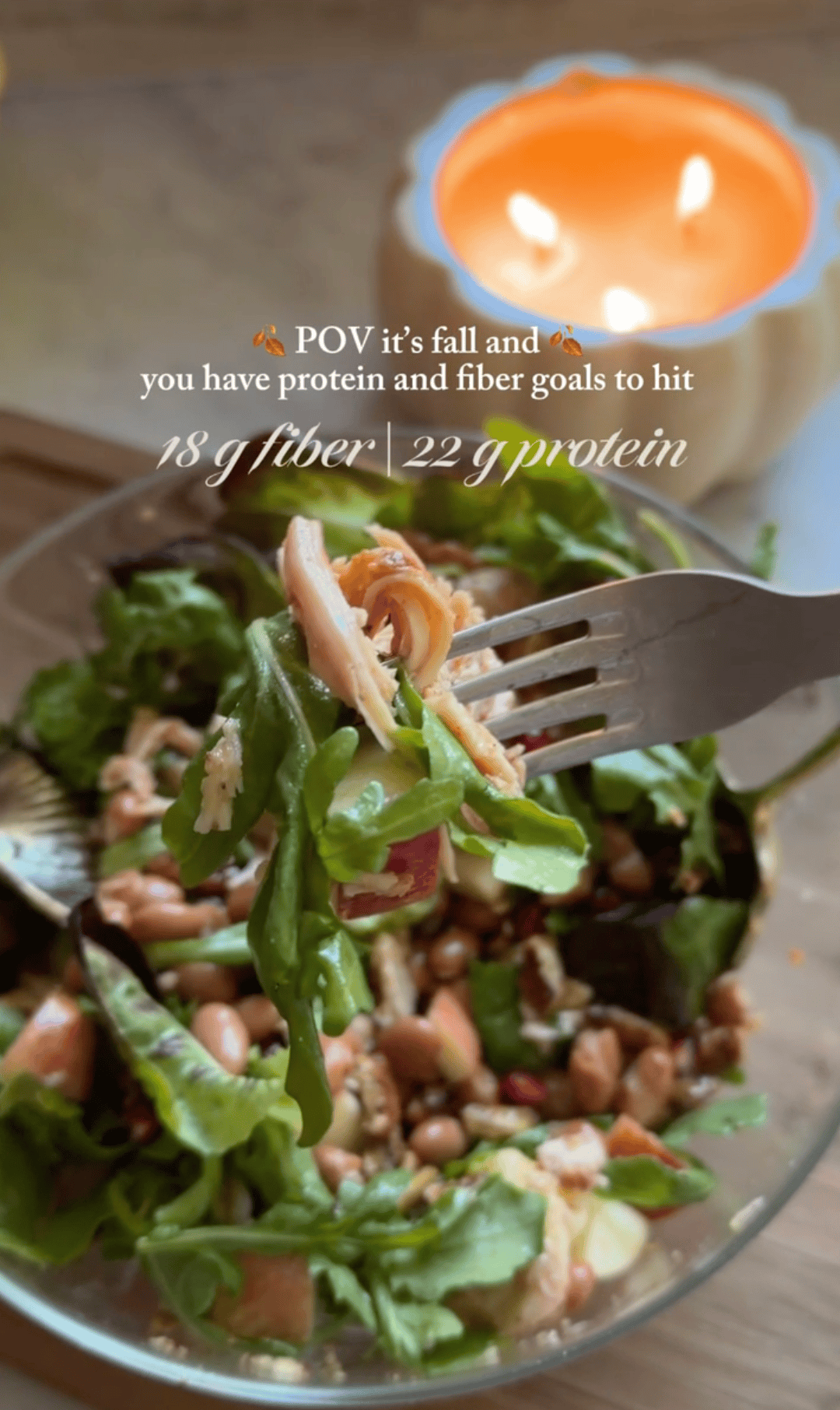 Fall salad with smoked shredded chicken, pinto beans, apple, pomegranate, pecans and pumpkin seeds
