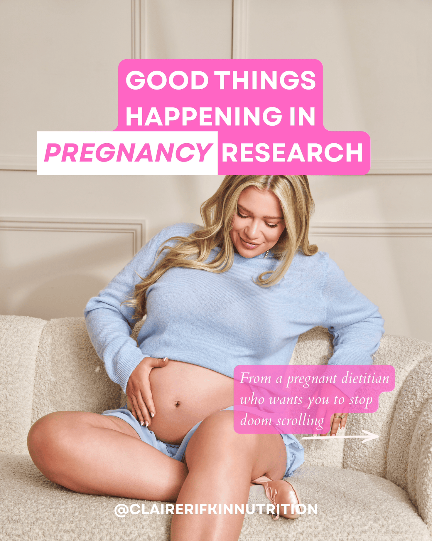 Pregnant dietitian Claire Rifkin sitting in a chair with her hands on her belly